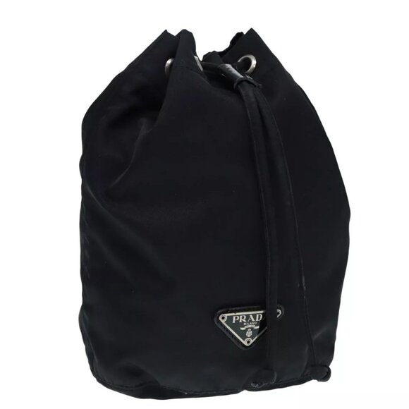 PRADA Drawstring Pouch Nylon Black Silver Auth ac3236 - Picture 1 of 15